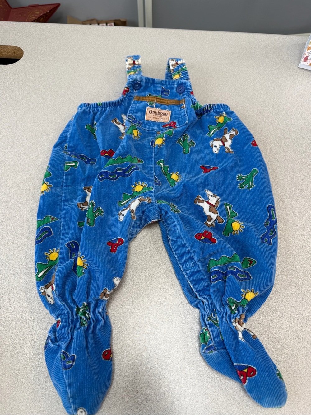 Vintage OshKosh B'Gosh Western Desert Print Corduroy Footed Overalls 3/6M